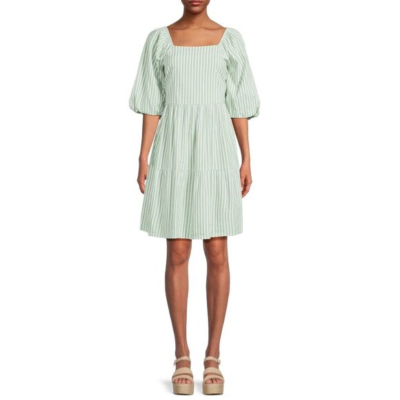 Beachlunchlounge Women Back Bow Babydoll Dress Balloon‎ Sleeve Striped Green L - Picture 1 of 15